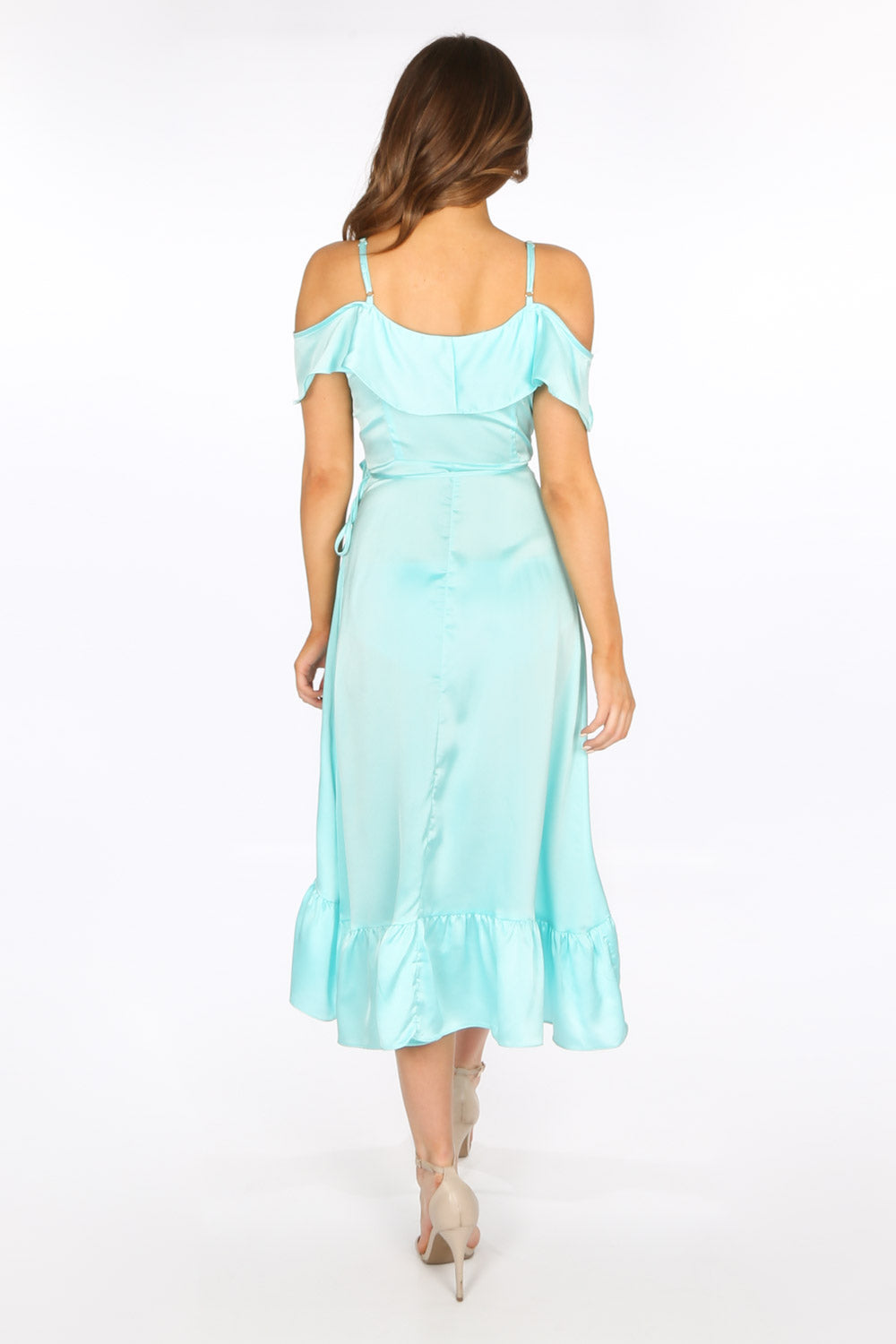 Turquoise Cold Shoulder Satin Midi Wrap Dress | Dressed in Lucy